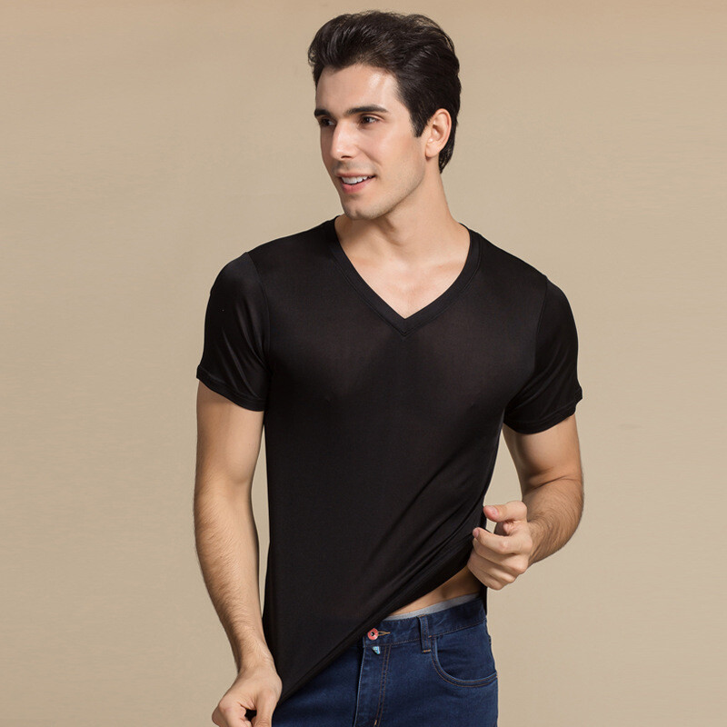 Men 100% Mulberry Silk Knitted V Neck T Shirts Underwear Short Sleeve Tops Shirt