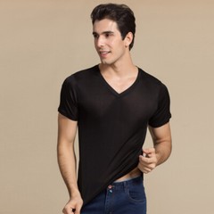Men 100% Mulberry Silk Knitted V Neck T Shirts Underwear Short Sleeve Tops Shirt
