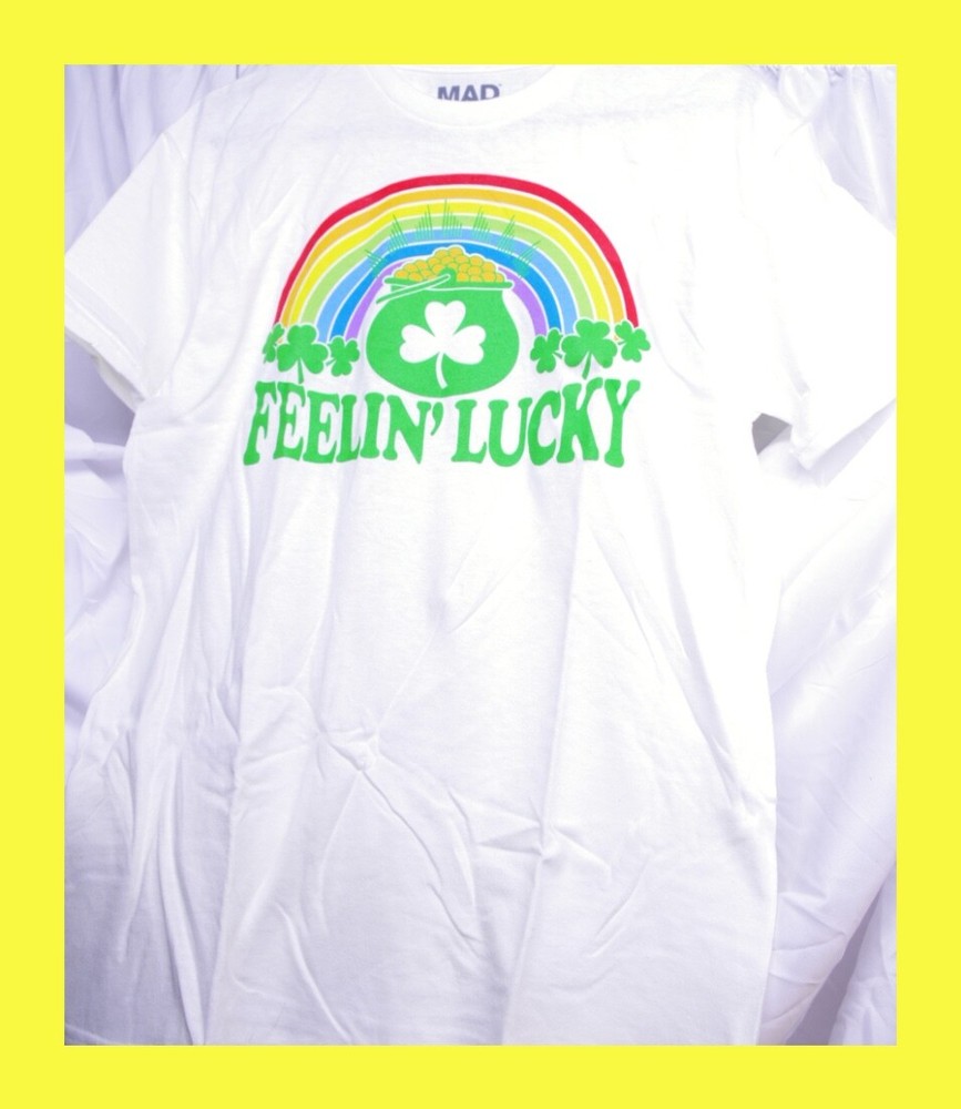 MEDIUM St. Patricks Day Feelin’ Lucky Rainbow Pot O’ Gold White T-Shirt