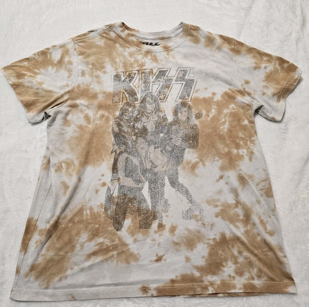 KISS Band Tie Dye Graphic Rock T-shirt Vintage Style Brown White Size XL