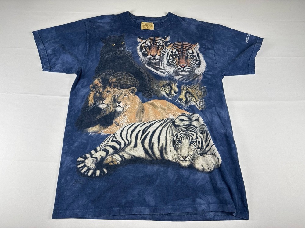 The Mountain Big Cats Tiger Lion Panther Graphic T Shirt Mens Large Blue Tie Dye