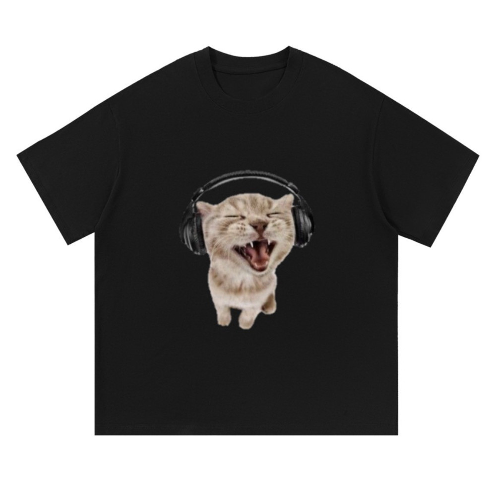 Men’s Black Graphic Cat Print T-Shirt Short Sleeve Crew Neck M/L