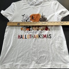 Happy HalloThanksMas Shirt Fall Size L Thanksgiving Christmas Pumpkins Trees