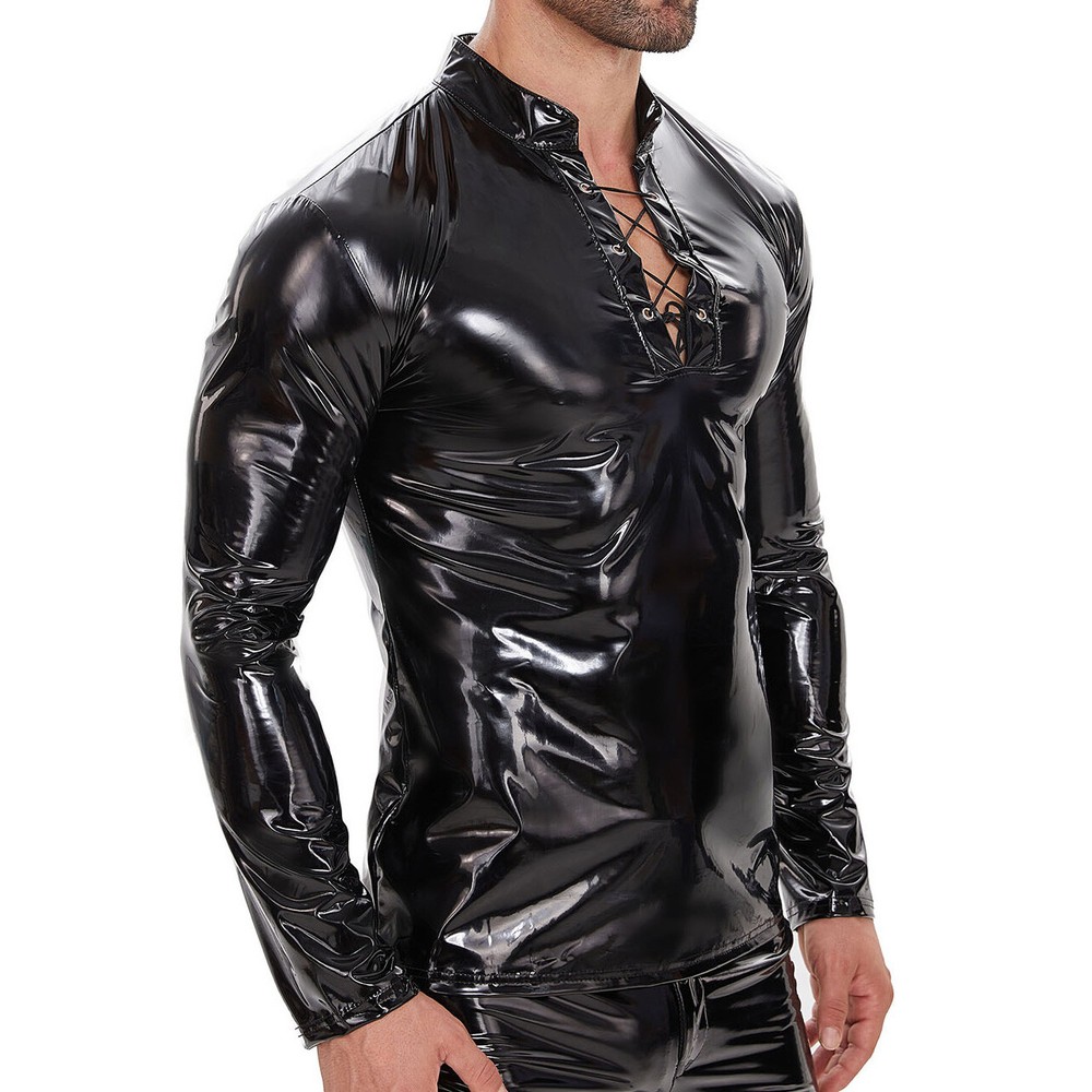 Men Slim Lace-Up Tops Long Sleeve PVC Leather T-Shirts Wet Look Latex Club Tees