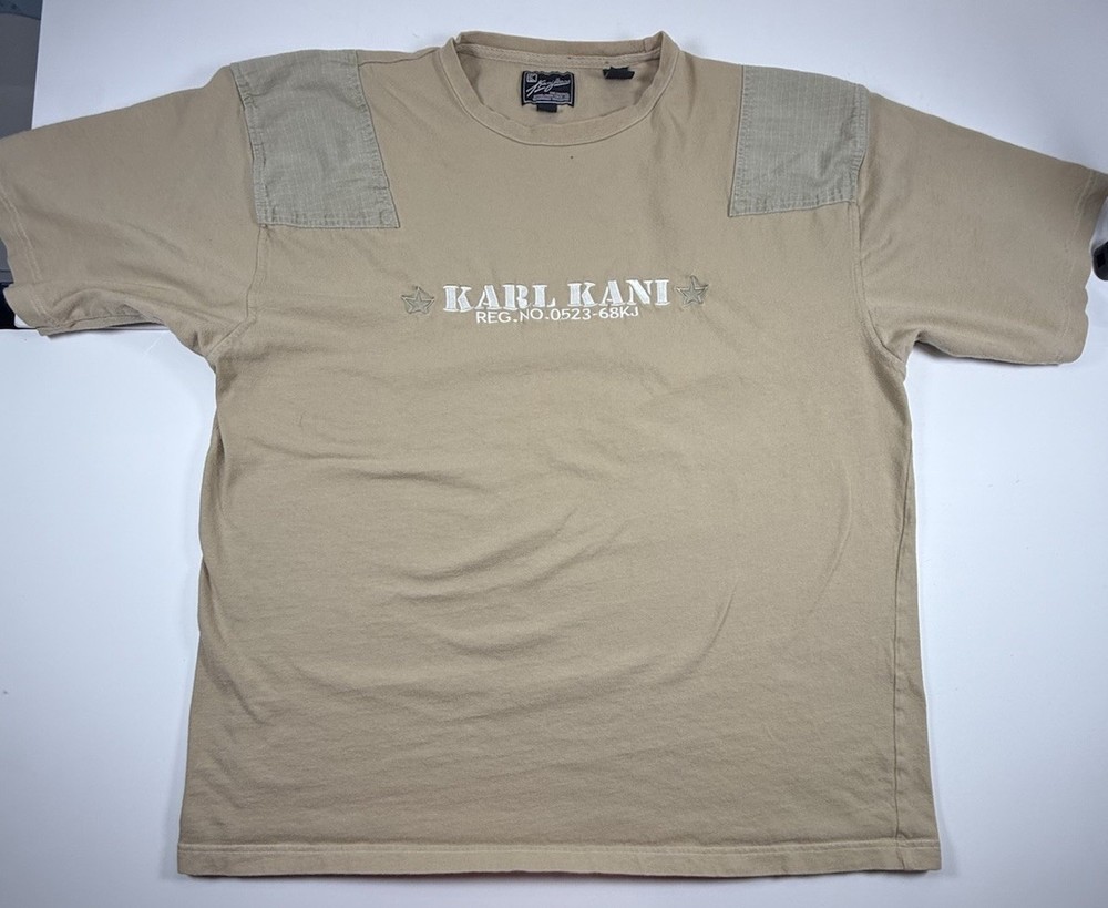 Vintage Karl Kani Men’s T-Shirt Size 2XL Tan Beige Hip Hop Shoulder Patches Y2K