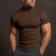 Men Solid Color Mock Neck Short Sleeve Tight Fitted Basic T Shirt Slim Casual