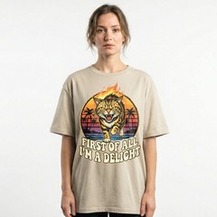 Angry Tiger Fire Eyes Tropical Beach Tee Retro Sunset Palm Trees T-Shirt