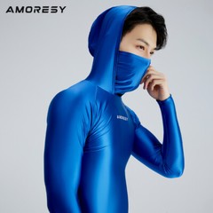 AMORESY Men Glossy Hooded T-shirt Sunscreen High Neck Long Sleeve Running Shirts