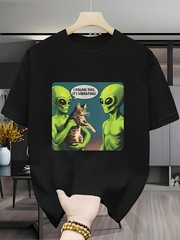 Men’S Fashion Round Neck T-Shirt, Green Alien And Tabby Cat Creative Pattern