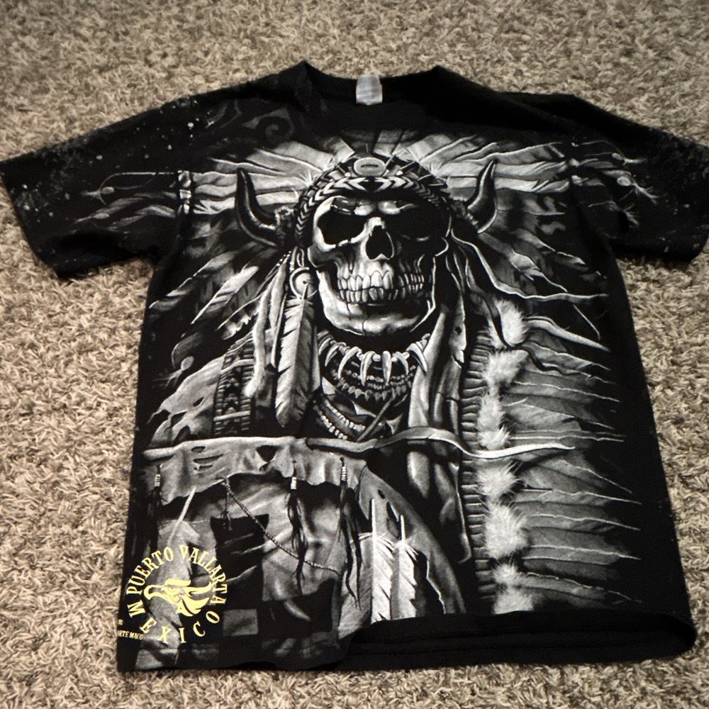 Yazbek Men’s L Black Cotton Graphic Skull Native American Crew Neck T-Shirt