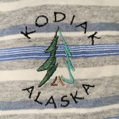Vintage Cal Cru Kodiak Alaska Short Sleeve T-Shirt Size Large Striped Blue Gray