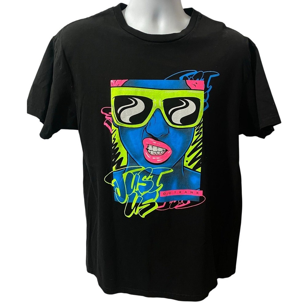 OUTRANK BRAND BLACK SHIRT — Neon Girl Face Streetwear Graphic Tee Men’s Large