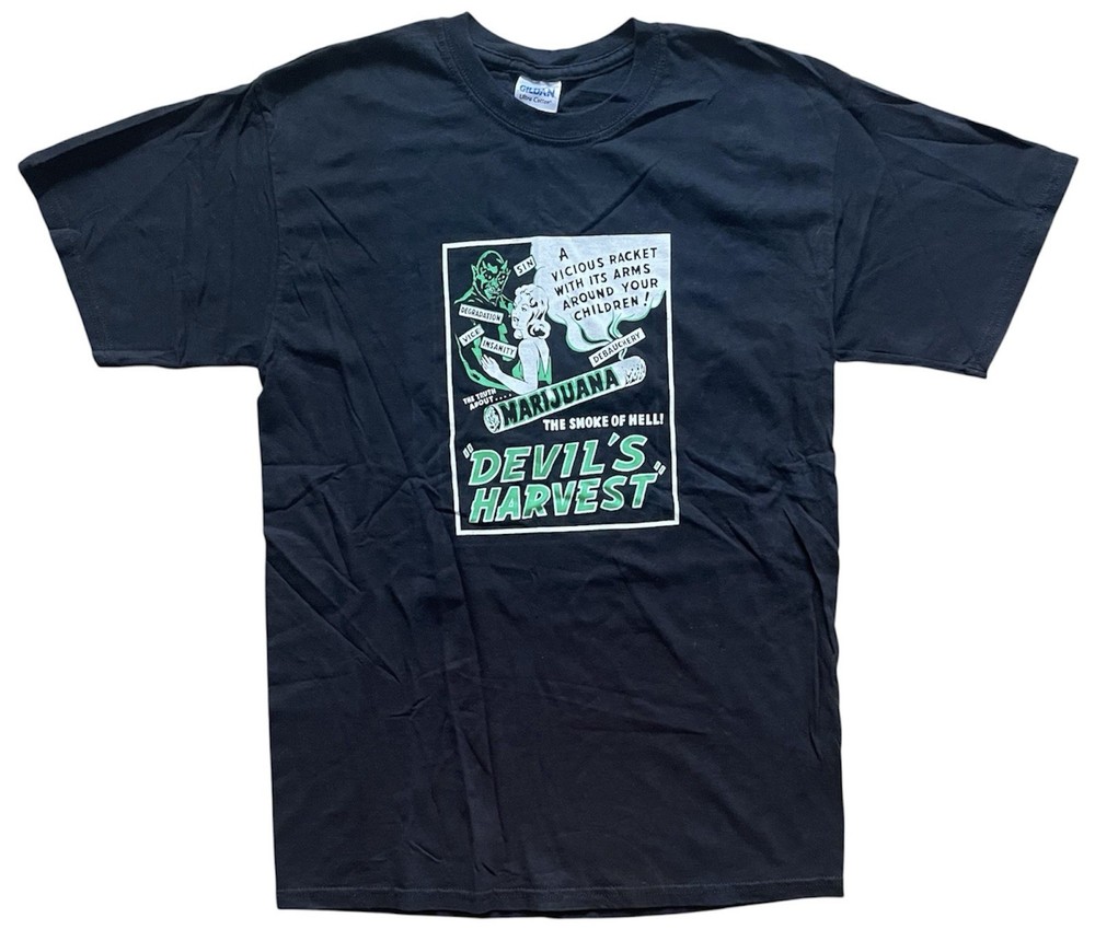 Y2K ANTI-MARIJUANA PROPAGANDA SHIRT DEVIL’S HARVEST SMOKE WEED STONER 420 MEDIUM