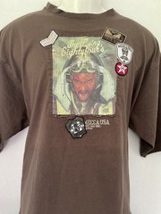 MECCA USA brown 2 sided t shirt sz XL THE FLYING EIGHTYFOUR’S sewn on graphics
