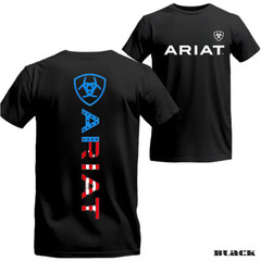 Ariat T-shirt – Vertical Logo Design With Bold American Flag Pattern