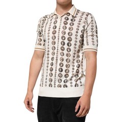 DOLCE & GABBANA T-shirt Silk Ivory Coin Print Logo Men Polo IT46/US36/S 1500usd