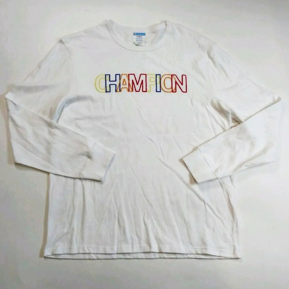 mens champion 100% authentic crewneck L/S t-shirt size large soild logo white
