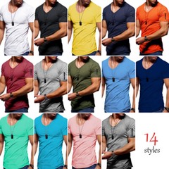 Mens Slim Fit Muscle T Shirt Tops Summer Casual V Neck Short Sleeve Blouse Tee