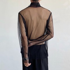Men Mesh Sheer Turtleneck Long Sleeve Casual T Shirts Nightclub Party Top