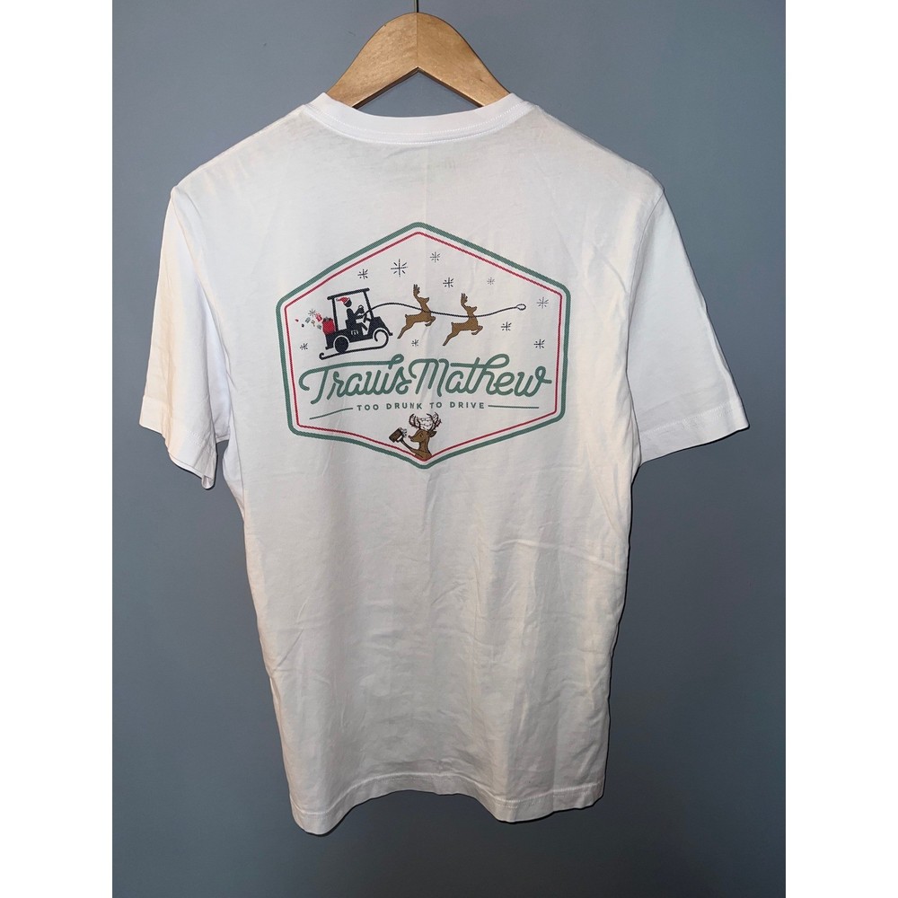 TravisMathew Mens White Christmas Golf Graphic T-Shirt Too Drunk To Drive Small
