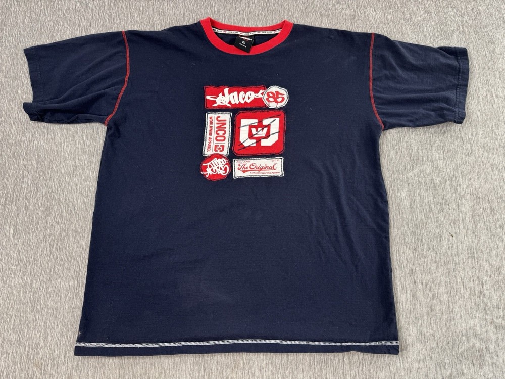 Vintage JNCO Jeans T-Shirt Mens XL Blue Red Apparel Grunge Skater Y2K Rap Tee