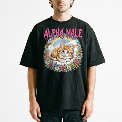 Alpha Male Kitten Rainbow Flowers Butterfly T-Shirt Ironic Cute Cat Humor Tee