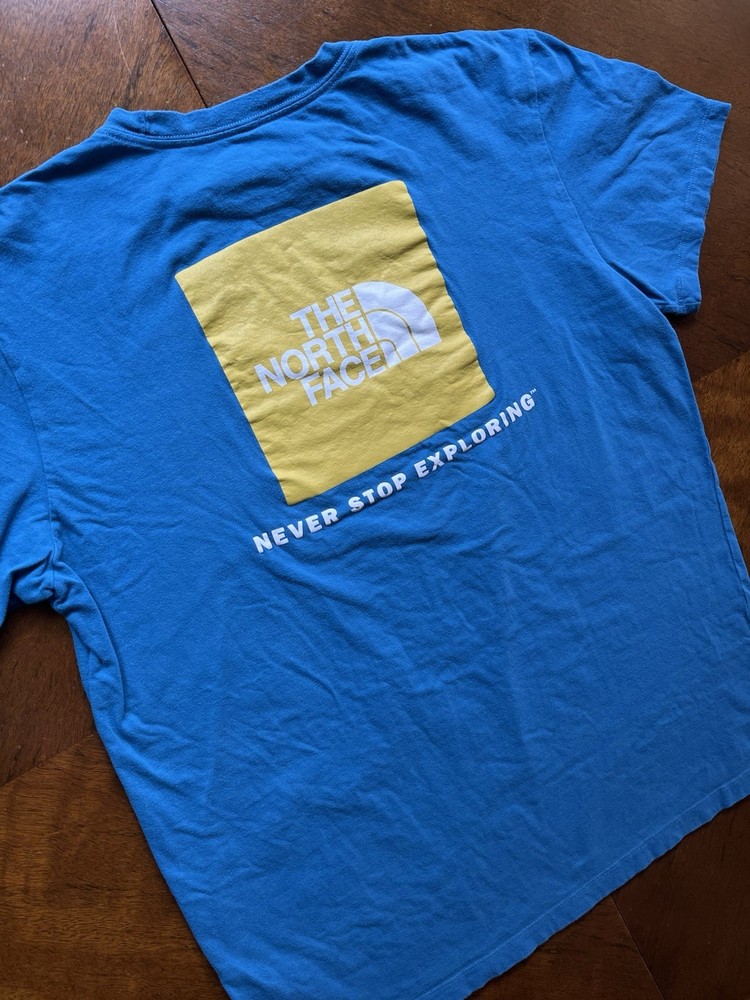 The North Face Box Logo ~ Never Stop Exploring ~ Soft ~ T-shirt Mens L Teal Blue