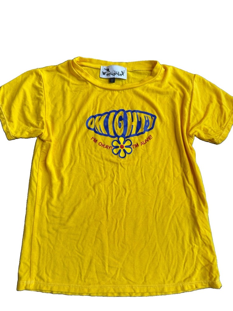 Y2K Mighty Fine I’m Okay I’m Fine Graphic Baby Tee Yellow Size Small Vintage 90s