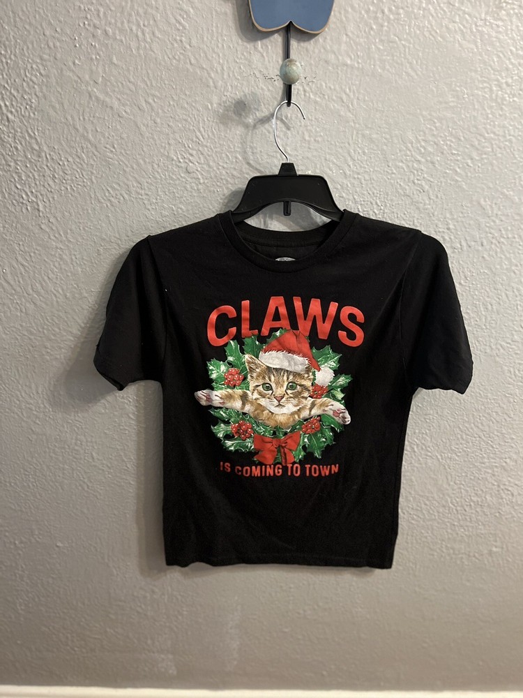 Holiday Time Black Christmas Cat Wreath Print Tee Shirt Size Small
