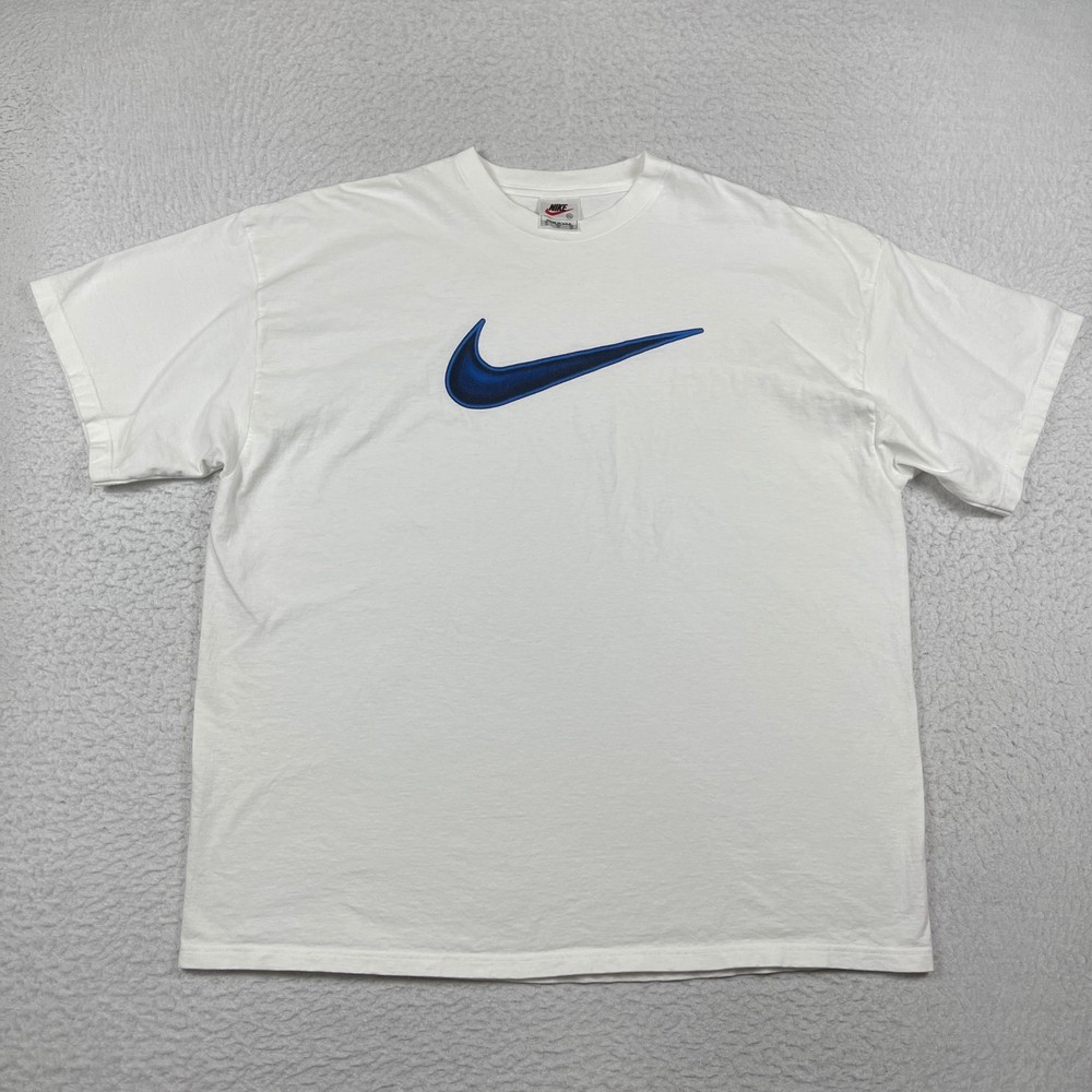 Nike T-Shirt Mens XXL White Blue Swoosh Vintage 90s Made in USA Streetwear Tee