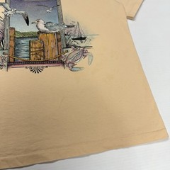 Vtg 90s Chesapeake Bay Virginia Anvil Mens Shirt L Beige Dock Nature Scene USA