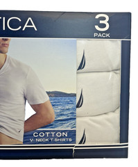 New NAUTICA Small 34-36 Men’s 3-Pack White V-Neck Cotton T-Shirts w/Logo
