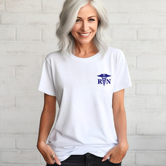 Men’s & Women’s Registered Nurse T-shirt, Left Front, RN Medical Caduceus Staff