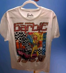 BARBIE Adult T Shirt Racing Phenomenal Short Sleeve White W Bold Graphic Size M