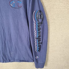 Champion Shirt Mens Large Blue Spellout Long Sleeve Athletic Crew Neck Cotton