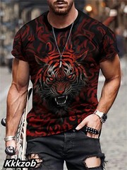 Mens Lion Print Short Sleeve Crew Neck T-Shirt Soft Breathable Casual Wear.