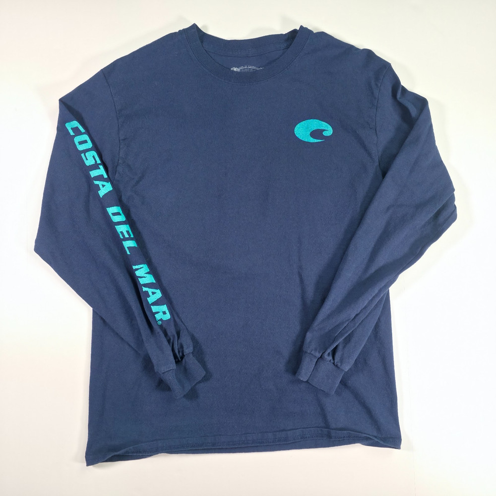 Costa Del Mar Men’s T-Shirt Logo Print Tee Long Sleeve Crew Navy Blue Medium