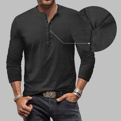 Mens Henley Grandad Casual Shirts Long Sleeve Muscle Slim Fit Button T Shirt Top
