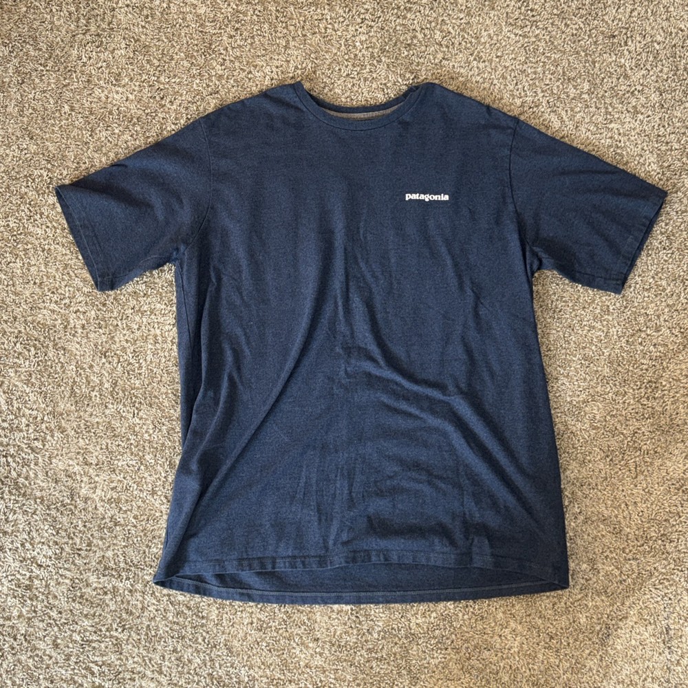 Patagonia Men’s Blue Short Sleeve Crew Neck Graphic Logo Back Of Tee XL