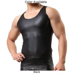 Wet Look Faux Leather Undershirt Tank Tops for Men Black Sleeveless T Shirt
