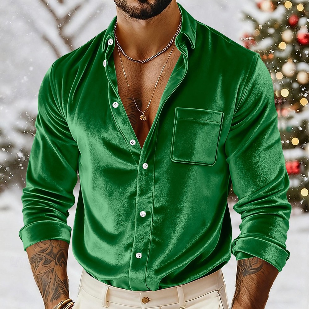 Men’s Velvet Shirt Casual Slim Shirts Long Sleeve Button Down Tops Blouse
