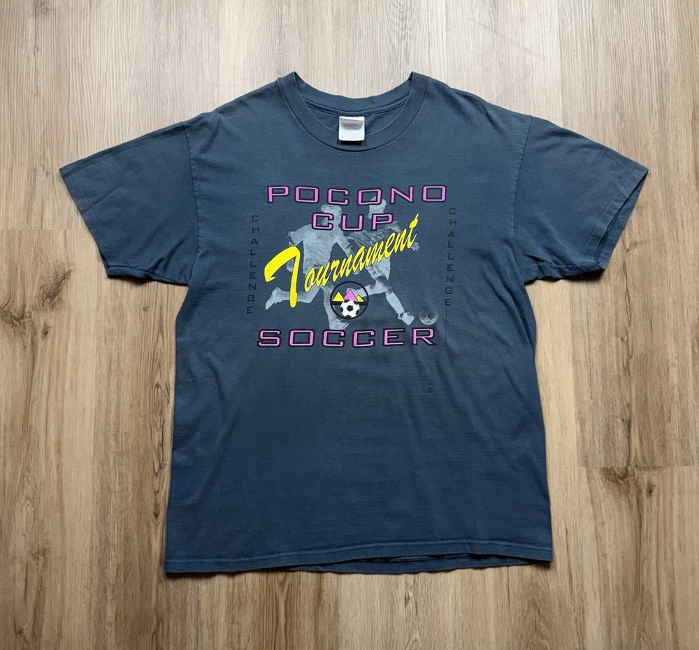 VINTAGE Pocono Cup Soccer T-Shirt Size Large Blue Art Obscure Sports Tournament