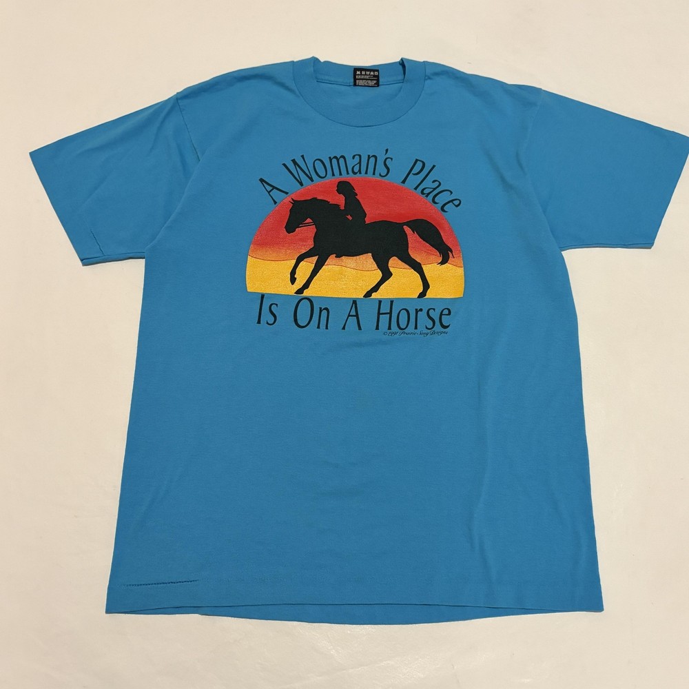 Vintage A Woman’s Place On A Horse Shirt Mens Large Blue Fruit Of The Loom 90s