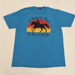 Vintage A Woman’s Place On A Horse Shirt Mens Large Blue Fruit Of The Loom 90s