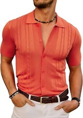 Mens Vintage Striped Knitted Polo Shirt Short Sleeve Button Down Golf Casual Top