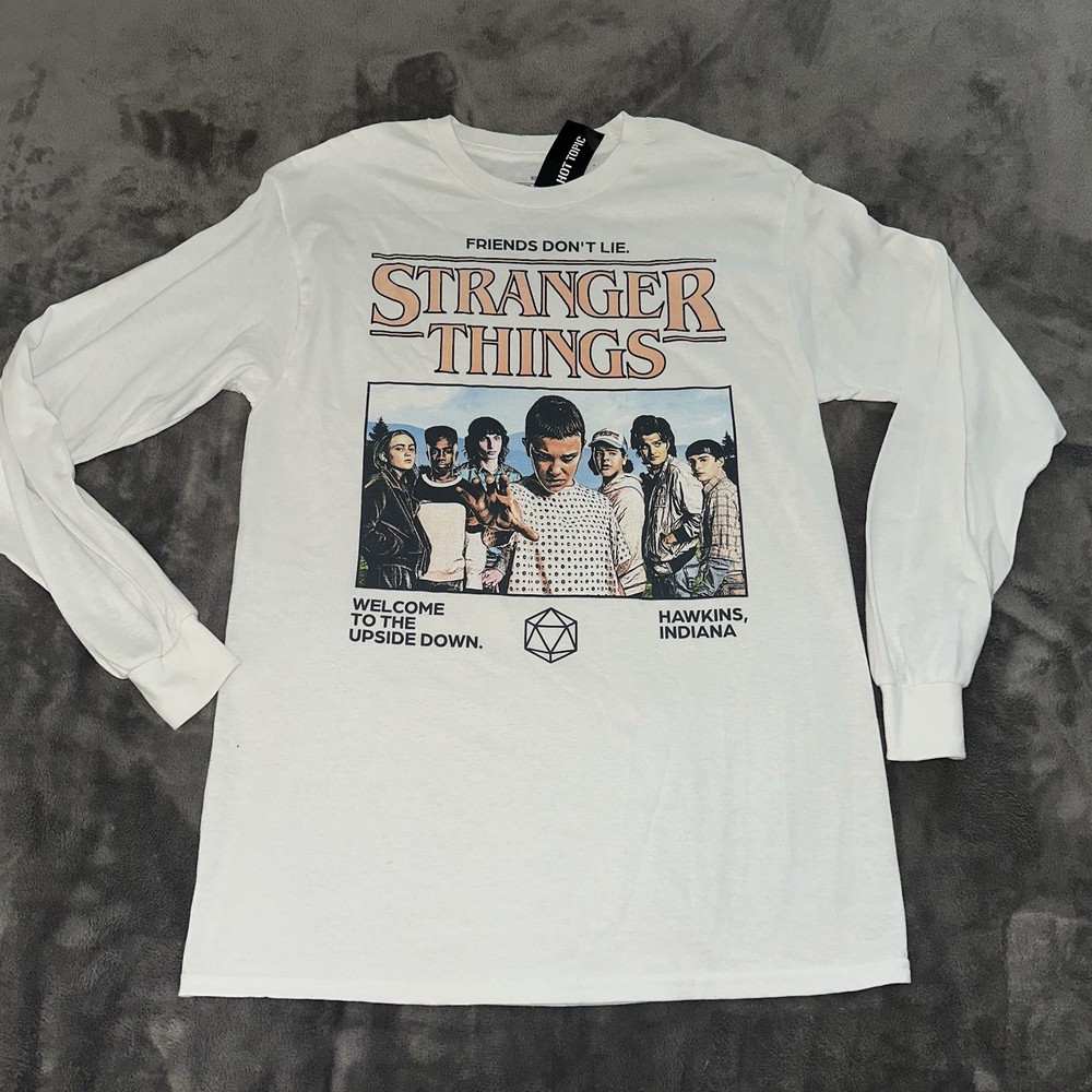 NWT Stranger Things Shirt Mens Sz M White Long Sleeve Hot Topic Hawkins Indiana