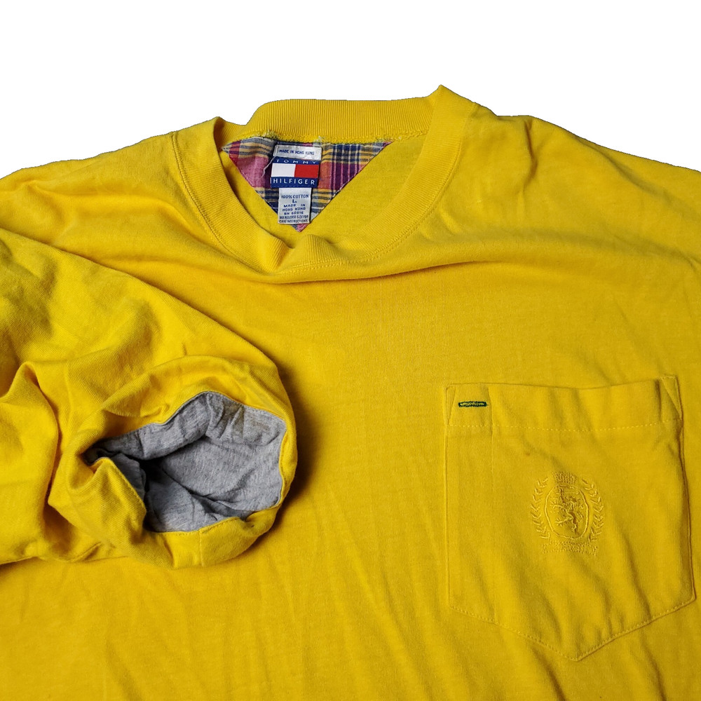 VINTAGE 90s Tommy Hilfiger T Shirt Mens L Large Short Sleeve Lined Yellow Pocket