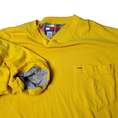 VINTAGE 90s Tommy Hilfiger T Shirt Mens L Large Short Sleeve Lined Yellow Pocket