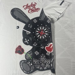 BKYS Black Keys Lucky Charm White T Shirt w/ Red Embroidered Bunny Doll M