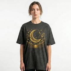 Golden Crescent Moon Stars T-Shirt Mystic Night Sky Reflection Tee